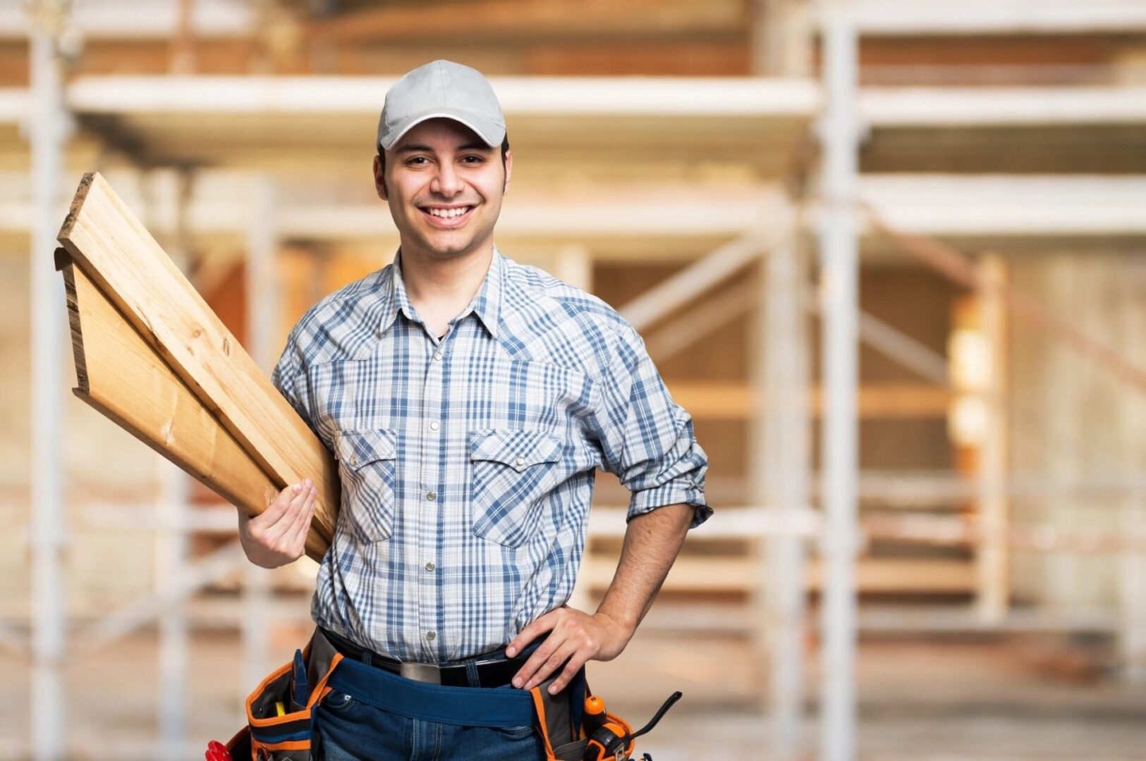 A man holding wood in his hand and wearing a hat.