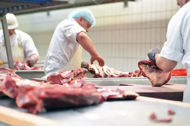 A man in white shirt and blue hat near meat.